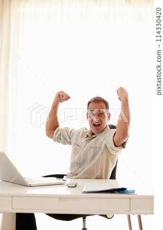 Portrait, man or laptop in business, success or crypto as sales, target or growth on internet app. Excited, businessman or fist pump on tech, corporate or promotion milestone on desk in mock up space Portrait, man or laptop in business, success or crypto as sales, target or growth on internet app. Excited, businessman or fist pump on tech, corporate or promotion milestone on desk in mock up space 114330420