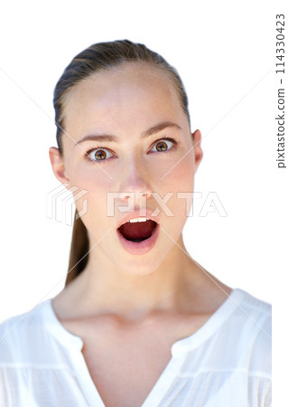 Studio, surprise or portrait of woman with shock, open mouth and wow expression for news or gossip. Sale, isolated white background or face of a person in disbelief for announcement, deal or discount 114330423