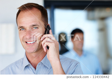 Portrait, smile and businessman with phone call for business deal, mobile conversation and networking in office. Consultant or man, communication and connect with smartphone or cellphone in workplace 114330442
