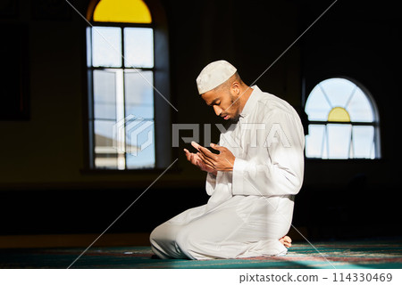Muslim man, praying and mosque with religion, faith and spiritual practice for gratitude and worship. Prayer, islamic tradition and respect for allah on eid mubarak with praise in Qatar temple Muslim man, praying and mosque with religion, faith and spiritual practice for gratitude and worship. Prayer, islamic tradition and respect for allah on eid mubarak with praise in Qatar temple 114330469