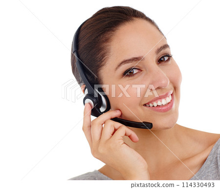 Portrait, customer service and woman with headphones, call center and tech support isolated on a white studio background. Face, person and insurance agent with headset and telemarketing consultant Portrait, customer service and woman with headphones, call center and tech support isolated on a white studio background. Face, person and insurance agent with headset and telemarketing consultant 114330493