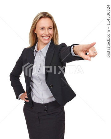 Business woman, portrait and selection in studio, promotion and information on white background. Happy female person, mockup space and offer a deal, announcement and pointing for choice or decision 114330524