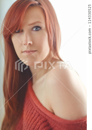 Woman, portrait and serious for hair with closeup in house with dye or grooming in London. Keratin, vision and shine with styling or creative with transformation in morning with confidence or pride. Woman, portrait and serious for hair with closeup in house with dye or grooming in London. Keratin, vision and shine with styling or creative with transformation in morning with confidence or pride. 114330525