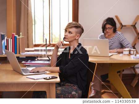 Thinking, laptop and woman student in library for studying, planning and brainstorming for assignment. Ideas, question and female person working on research for test or exam at university campus. 114330539