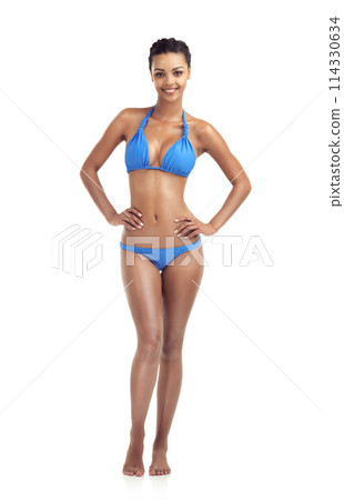 Fashion, bikini and portrait of girl on a white background for summer style, bather and swimwear. Happy, studio and isolated woman in swimsuit with confidence, pride and smile for holiday or vacation 114330634