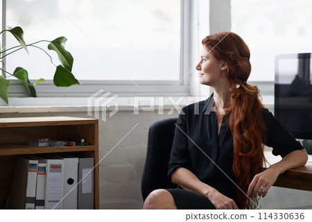 Woman, office and think with smile at window for company idea, vision and growth with future in startup business. Female person, entrepreneur and desk with computer, work and hr manager for corporate 114330636