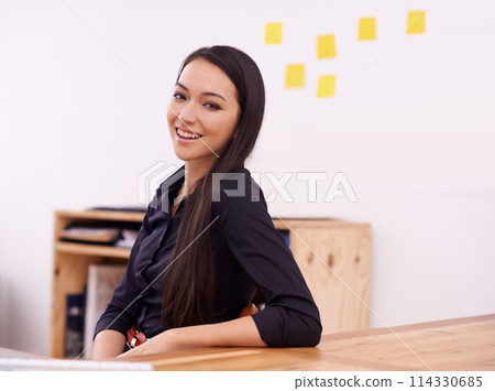 Office, smile and portrait of business Asian woman at desk with confidence, pride and creative startup. Professional, consultant and worker at desk for career, job and working in modern building Office, smile and portrait of business Asian woman at desk with confidence, pride and creative startup. Professional, consultant and worker at desk for career, job and working in modern building 114330685