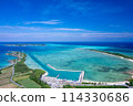 [Okinawa, Miyakojima] Drone shot of Ikema Island, Ikema Bridge, and the blue sea from above Karimata Fishing Port③ 114330686