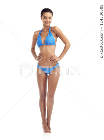 Summer, bikini and portrait girl in studio on white background for summer style or trendy swimwear. Happy, fashion and isolated woman in swimsuit with confident, pride or smile on holiday or vacation Summer, bikini and portrait girl in studio on white background for summer style or trendy swimwear. Happy, fashion and isolated woman in swimsuit with confident, pride or smile on holiday or vacation 114330688
