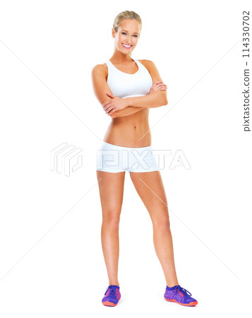 Portrait, woman or confident of fitness, exercise or gym workout in wellness, health or training. Happy, proud or female person in activewear, running shoes or arms crossed on mockup white background 114330702