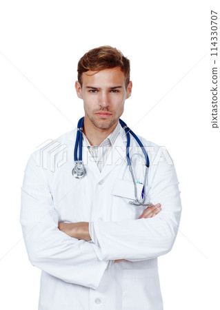 Hospital, doctor and portrait of man with crossed arms for medical career, job and work in studio. Professional, healthcare and person with stethoscope for cardiology, pulmonary service and wellness Hospital, doctor and portrait of man with crossed arms for medical career, job and work in studio. Professional, healthcare and person with stethoscope for cardiology, pulmonary service and wellness 114330707