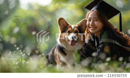 Asian female graduate in a black cap and gown sitting beside her Welsh corgi dog in green park Asian female graduate in a black cap and gown sitting beside her Welsh corgi dog in green park 114330735