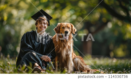 A European male graduate in black cap and gown sitting beside his golden retriever dog in green park A European male graduate in black cap and gown sitting beside his golden retriever dog in green park 114330736