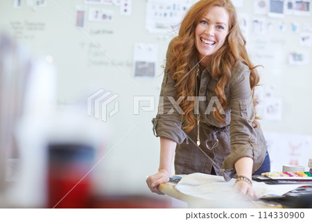 Portrait, smile and business woman in office at workplace for career or job in Sweden. Professional, designer and happy employee, entrepreneur or creative person working in startup company on desk Portrait, smile and business woman in office at workplace for career or job in Sweden. Professional, designer and happy employee, entrepreneur or creative person working in startup company on desk 114330900
