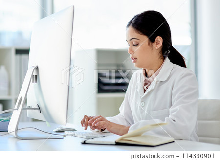 Science, notebook and woman with computer typing medical study, online report or results. Website, writing and review for scientist, lab technician or research for pharmaceutical test in laboratory 114330901