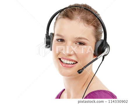 Woman, portrait and headset in studio for networking, call centre representative and white background. Female person, technical support and hotline or helpdesk, customer service and communication Woman, portrait and headset in studio for networking, call centre representative and white background. Female person, technical support and hotline or helpdesk, customer service and communication 114330902