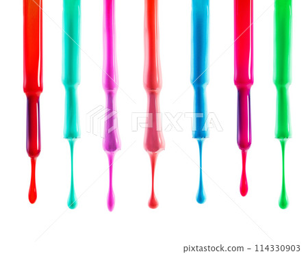 Nail polish, color and brush on a white background for salon, cosmetics and beauty products. Cosmetology, luxury spa and isolated liquid, drip and paint for manicure, pedicure and pamper in studio 114330903