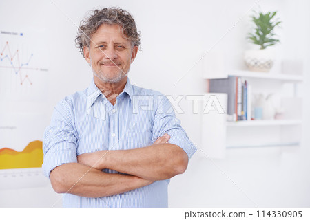 Businessman, smile and portrait in office for boss and career for organization, agency or company. Executive and happy with male person with arm fold for confidence and profession for data on graph Businessman, smile and portrait in office for boss and career for organization, agency or company. Executive and happy with male person with arm fold for confidence and profession for data on graph 114330905