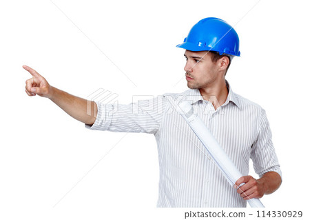 Construction, man and blueprint with pointing in studio with instruction, tips and ideas for building design, layout and project. Business, architect and planning for maintenance in white background Construction, man and blueprint with pointing in studio with instruction, tips and ideas for building design, layout and project. Business, architect and planning for maintenance in white background 114330929