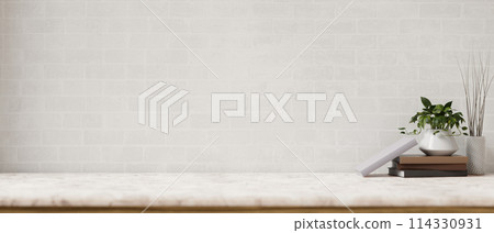 A white marble tabletop with a display space for showcase products against the white tile wall. A white marble tabletop with a display space for showcase products against the white tile wall. 114330931
