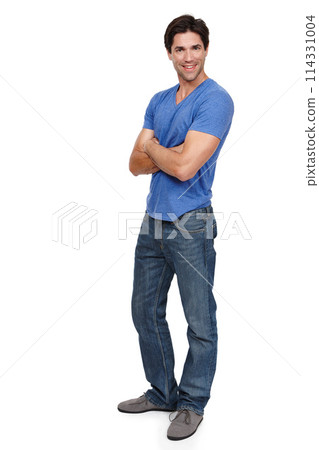 Man, studio and portrait with smile for fashion with casual outfit with arms crossed with confidence. Male person, white background and happy with informal style for confident pose with pride 114331004