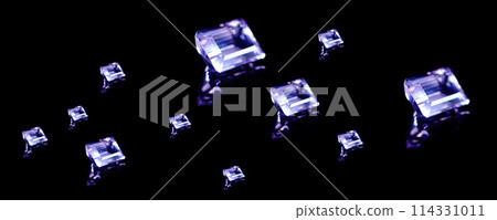 Amethyst, stone and gem in studio by black background for natural product, jewelry or baguette in luxury collection. Gemstone, purple crystal and closeup for display with shine, glow or brilliant cut 114331011