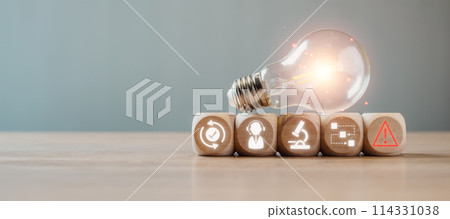 Incident management concept, Light bulb and wooden block on desk with incident management icon on virtual screen. 114331038