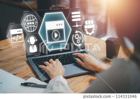 CMS, Content management system concept, Businesswoman using laptop computer on desk with content management system icon on virtual screen. 114331046
