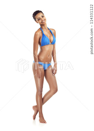 Woman, bikini and portrait with body confidence, fitness and summer swimsuit in a studio. Happy, smile and university student from Jamaica ready for spring break with beach wear and white background 114331122