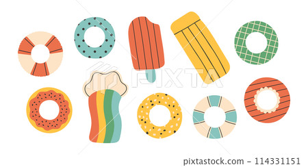 Inflatable rubber swimming rings set, top view. Swimming ring set. Vector flat Illustration isolated on white background Inflatable rubber swimming rings set, top view. Swimming ring set. Vector flat Illustration isolated on white background 114331151