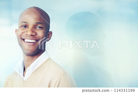 Smile, happy and portrait of businessman with mockup space for promotion, advertising and show isolated on blue background. Male person, professional and employee in corporate career for banking 114331199