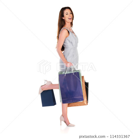 Happy, woman and shopping bags in portrait for retail sale, discount deal or promotional offer. Female customer, smile and product choice, package or gift isolated in studio with white background Happy, woman and shopping bags in portrait for retail sale, discount deal or promotional offer. Female customer, smile and product choice, package or gift isolated in studio with white background 114331367