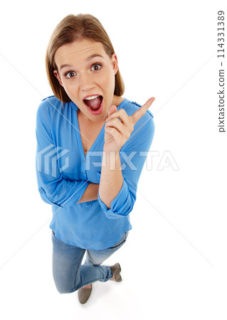Top view, portrait and surprised girl in studio for recommendation, announcement or information with white background. Show, omg or gen z model for promotion, sale opportunity or discount with mockup 114331389
