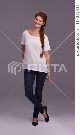Studio, fashion and portrait of woman with smile for confidence, trendy clothes and stylish on grey background. Female person, happy and face with pose for cool outfit, pride and satisfaction 114331432