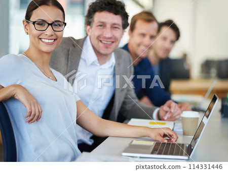Happy woman, laptop and glasses in meeting with business parters at boardroom table for strategy seminar. Female person, portrait and collaboration in workshop for career, brainstorming and planning. Happy woman, laptop and glasses in meeting with business parters at boardroom table for strategy seminar. Female person, portrait and collaboration in workshop for career, brainstorming and planning. 114331446