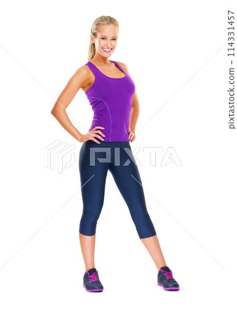 Woman, smile and portrait for exercise, diet and fitness goals on white background. Young person, nutritionist or model isolated and happy for health, workout and slim for weightloss in studio 114331457