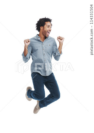Happy, excited and man jumping in studio with good news, winning and job promotion celebration. Smile, cheering and young male person with enthusiasm for positive attitude by white background. Happy, excited and man jumping in studio with good news, winning and job promotion celebration. Smile, cheering and young male person with enthusiasm for positive attitude by white background. 114331504