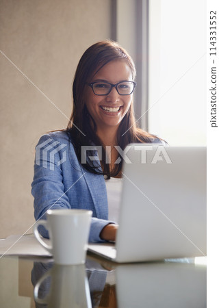 Smile, laptop and portrait of business woman in office with confident, positive and pride attitude. Technology, happy and professional financial advisor with computer for finance project in workplace 114331552
