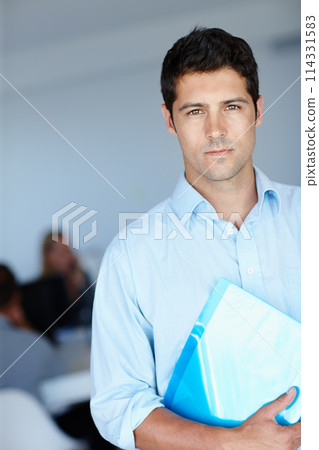 Serious, folder and portrait of businessman in office for administration, policy review and pride in career. Male person, face and confident with paper at work for professional, job or startup Serious, folder and portrait of businessman in office for administration, policy review and pride in career. Male person, face and confident with paper at work for professional, job or startup 114331583