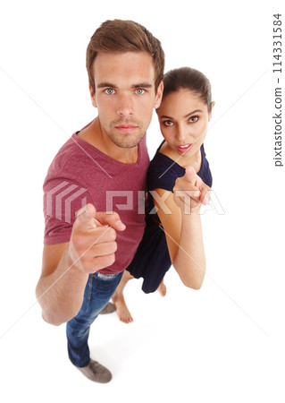 Portrait, couple and together by white background for pointing direction with choose, advertise and decision. Looking up, show and isolated people in studio for commercial, offer and hand gesture 114331584
