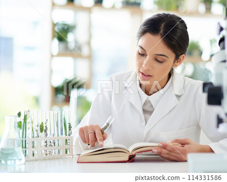 Woman, scientist and reading with notebook in lab for study of plants for botany or ecology with biotechnology. Female specialist or doctor, research and medical results, analysis and experiment test Woman, scientist and reading with notebook in lab for study of plants for botany or ecology with biotechnology. Female specialist or doctor, research and medical results, analysis and experiment test 114331586