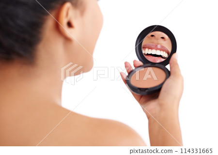 Studio, mirror and woman with reflection of lips with cosmetics, blush palette and makeup by mockup. Female model, beauty or pride for self care by white background, smile and smooth or shine results 114331665
