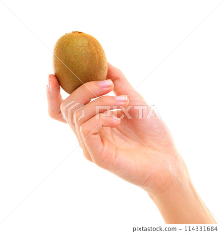 Hand, kiwi and healthy food for diet, wellness and weight loss with ingredient isolated on white background. Person with fruit, sweet or sour with nutrition, exotic and clean eating vegan for detox 114331684