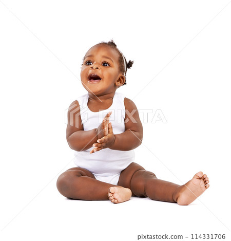 Infant, black girl and clapping in studio for happiness, growth and playful newborn with white background. Baby, child and toddler for cheerful, excited or childhood development with hands together 114331706