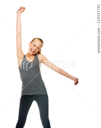 Portrait, smile and teenager with celebration, excited and emoji isolated on white studio background. Person, model and winner with victory or prize with expression and girl with reaction or cheerful Portrait, smile and teenager with celebration, excited and emoji isolated on white studio background. Person, model and winner with victory or prize with expression and girl with reaction or cheerful 114331741