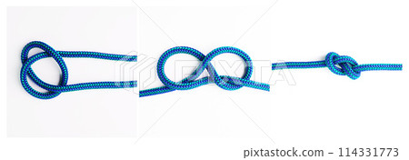 knot, instruction or steps to tie ropes and material on white background in studio for security. Frames, cords or blue design for learning technique, gear tools or safety for survival guide lesson knot, instruction or steps to tie ropes and material on white background in studio for security. Frames, cords or blue design for learning technique, gear tools or safety for survival guide lesson 114331773