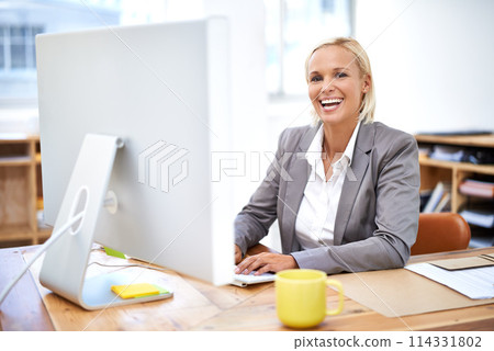 Lawyer, woman and portrait by computer with smile for legal services with pride, knowledge and typing. Attorney, advocate and person by office pc for writing, excited and happy at law firm in Canada 114331802