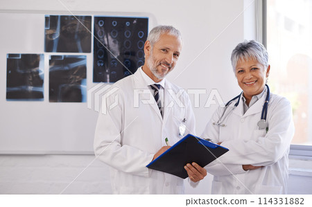 Doctors, checklist and portrait in hospital with collaboration for medical advice, support and xray results. Healthcare, radiology and mature people with teamwork for schedule, consultation or review 114331882