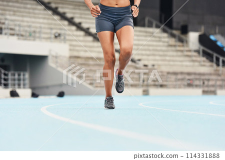 Runner, fitness and legs of woman track for athlete, exercise and sports for competition. Race, stadium and shoes for cardio event for professional female person, workout and sprint for run training 114331888
