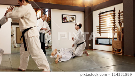 Japanese master, student or training in martial arts in dojo place, block or fighting in aikido in self defence. Sensei, battle and guide in class with wisdom, combat and men in black belt discipline 114331899